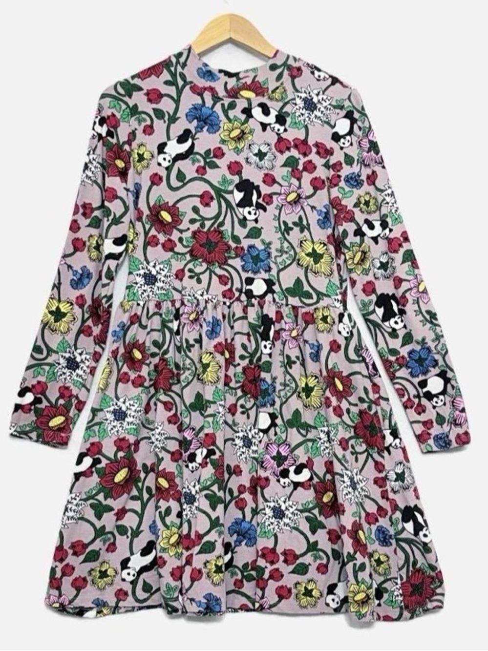 Roberto Lugo Panda Floral Allover Flare Knit Long Sleeve Dress Pockets XL NWT